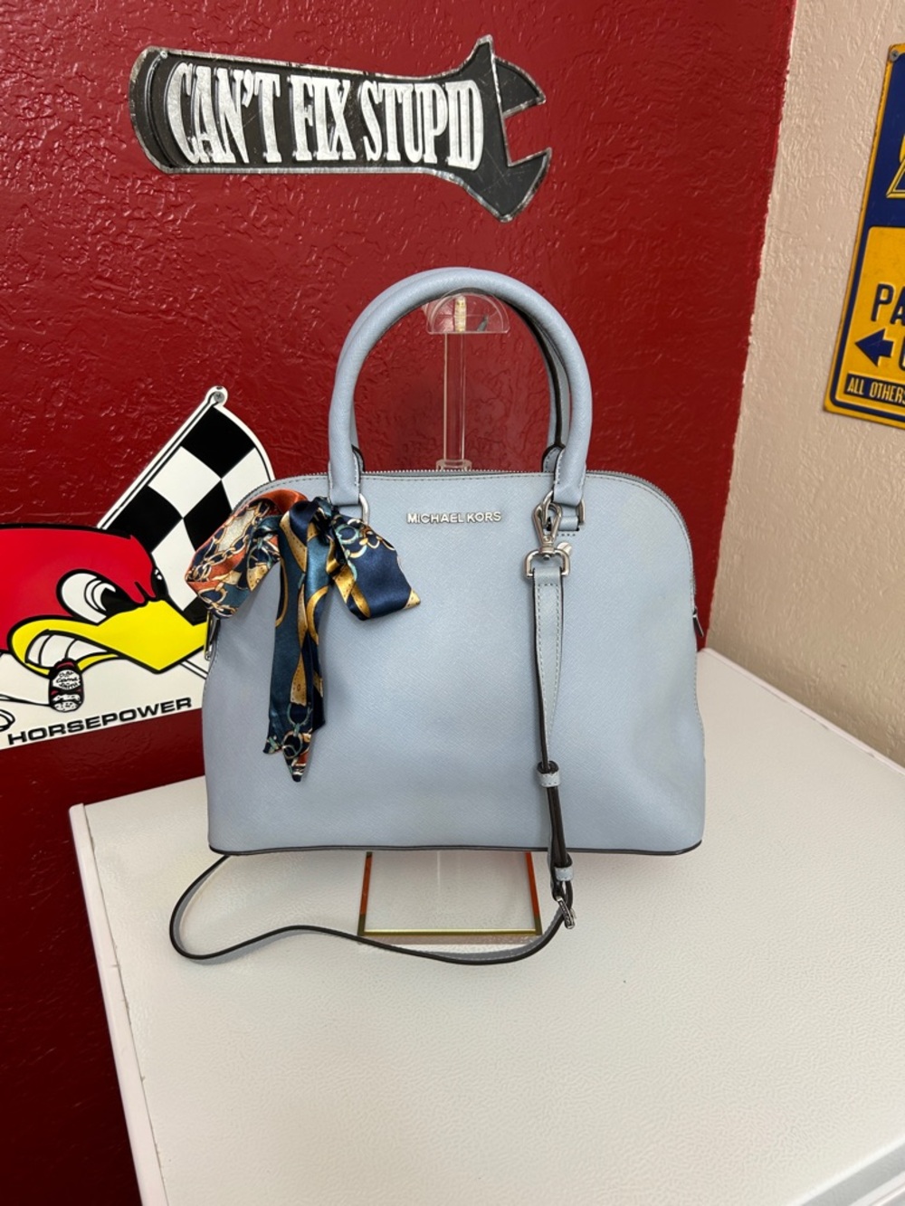MICHAEL KORS Light Blue Saffiano Satchel with Scarf Accent